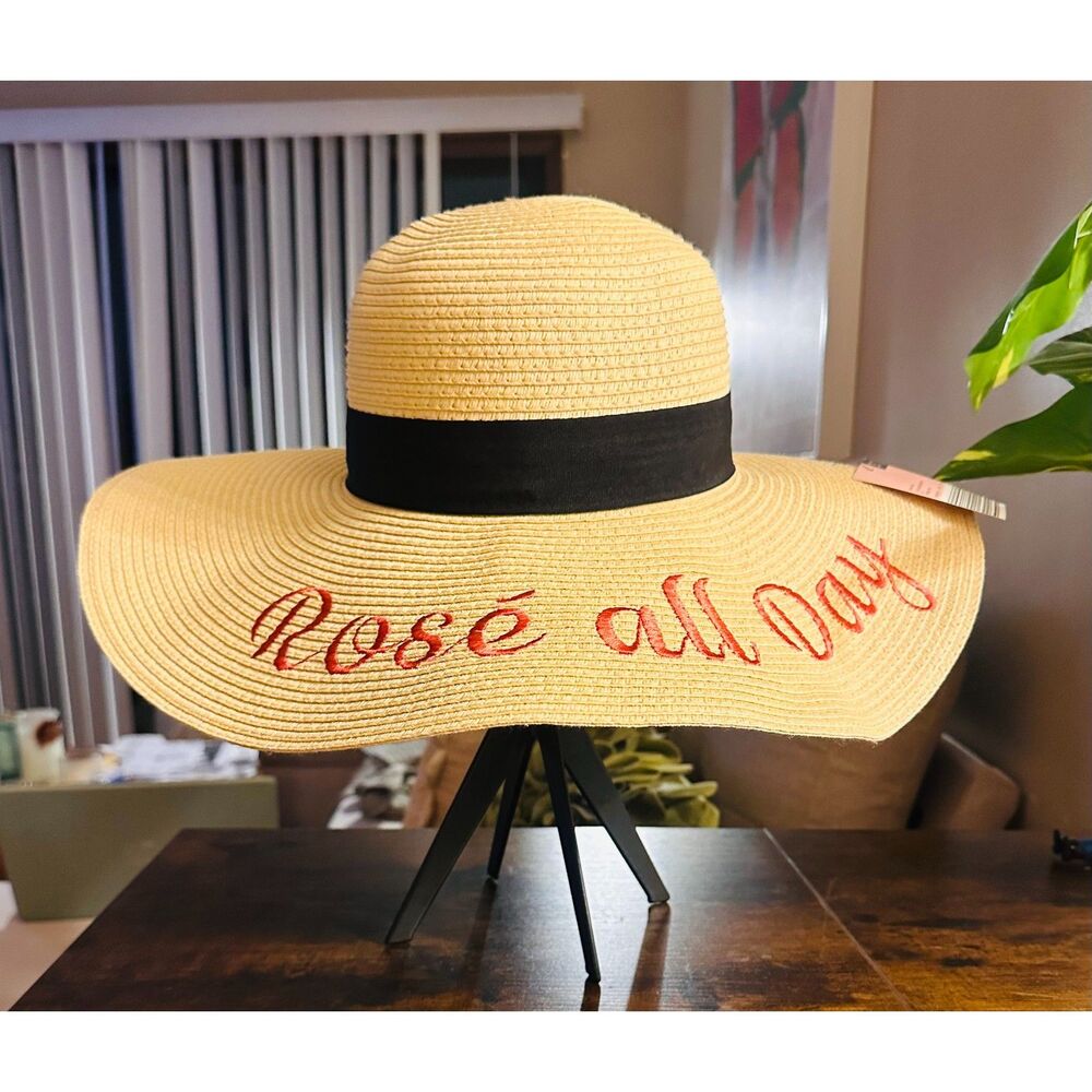 NWT Serra Woven Straw Sun Resort Beachy Hat Wide Brim Embroidery "Rose all Day"